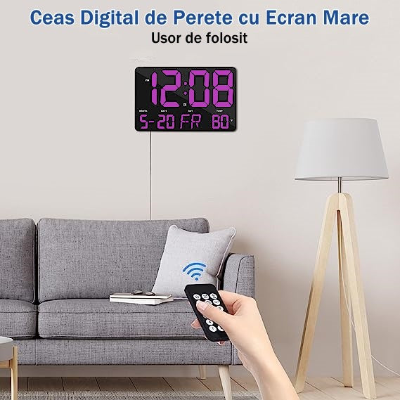 Ceas Digital de Masa si de Perete cu Lumina Led Mov, Calendar, Temperatura, Alarma, Termometru, Functie Snooze, Luminozitate Adjustabila, 25x16cm