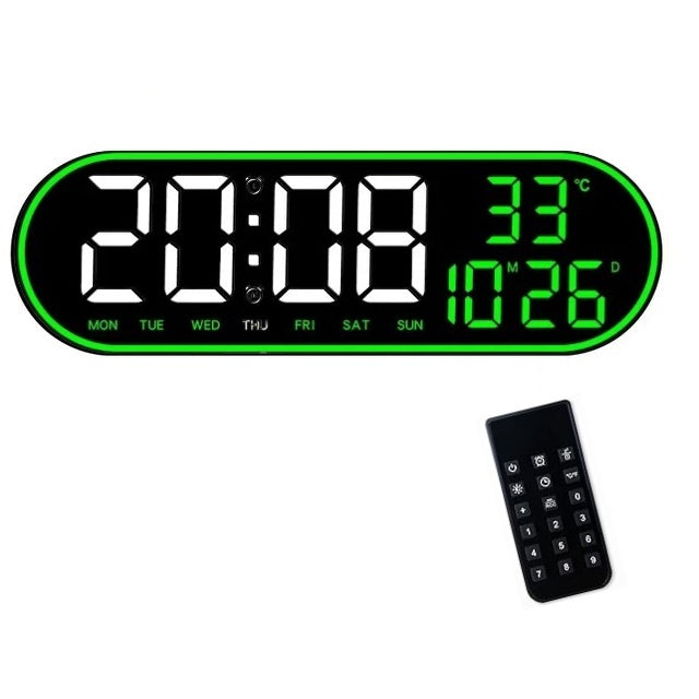 Ceas Digital de Masa si de Perete Oval cu Lumina Led Verde, Calendar, Cronometru, Temperatura, 2 Alarme, Termometru, Functie Snooze, 5 Trepte de Intensitate, Telecomanda, Afisare Umiditate, 38cm