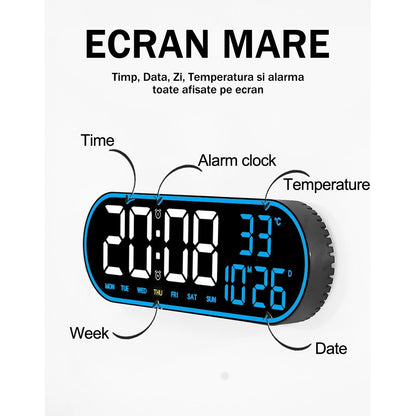 Ceas Digital de Masa si de Perete Oval cu Lumina Led Albastru, Calendar, Cronometru, Temperatura, 2 Alarme, Termometru, Functie Snooze, 5 Trepte de Intensitate, Telecomanda, Afisare Umiditate, 38cm