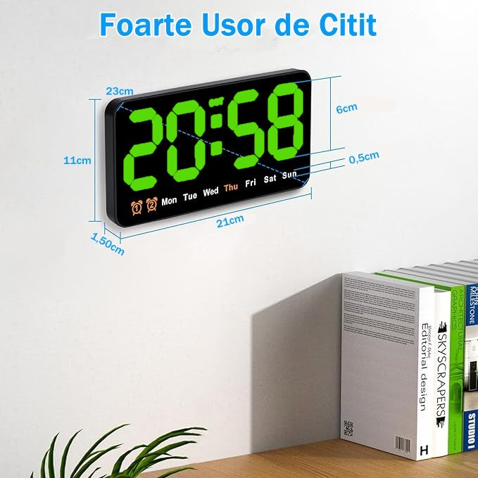 Ceas Digital de Masa si de Perete cu Lumina Led Verde, Alarma, Calendar, Temperatura, Functie Snooze, Mod de Noapte, 11x21cm