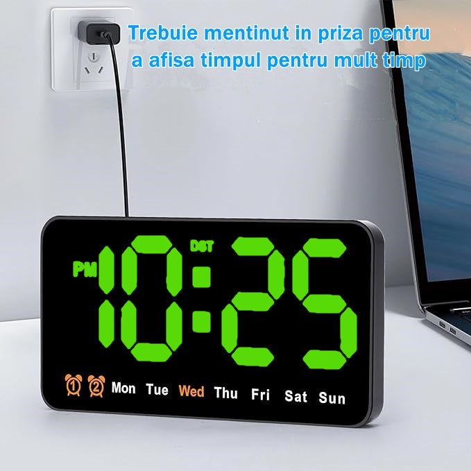 Ceas Digital de Masa si de Perete cu Lumina Led Verde, Alarma, Calendar, Temperatura, Functie Snooze, Mod de Noapte, 11x21cm