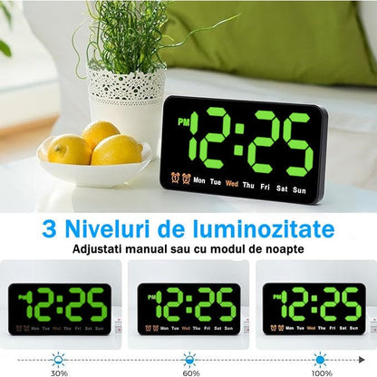 Ceas Digital de Masa si de Perete cu Lumina Led Verde, Alarma, Calendar, Temperatura, Functie Snooze, Mod de Noapte, 11x21cm