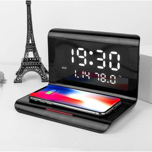 Ceas Digital de Birou cu Incarcare Wireless rapid, Alarma, Negru, Compatibil cu IOS si Android - Ceasuri Moderne