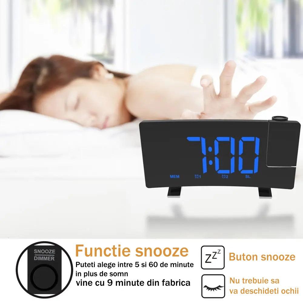 Ceas Digital cu Radio si Proiectie Pana la 5M Inaltime Albastru, Rotire la 180°, Alarma, Port Incarcare USB, Temperatura, Ecran LED, 2 Niveluri de Luminozitate, Negru - Ceasuri Moderne