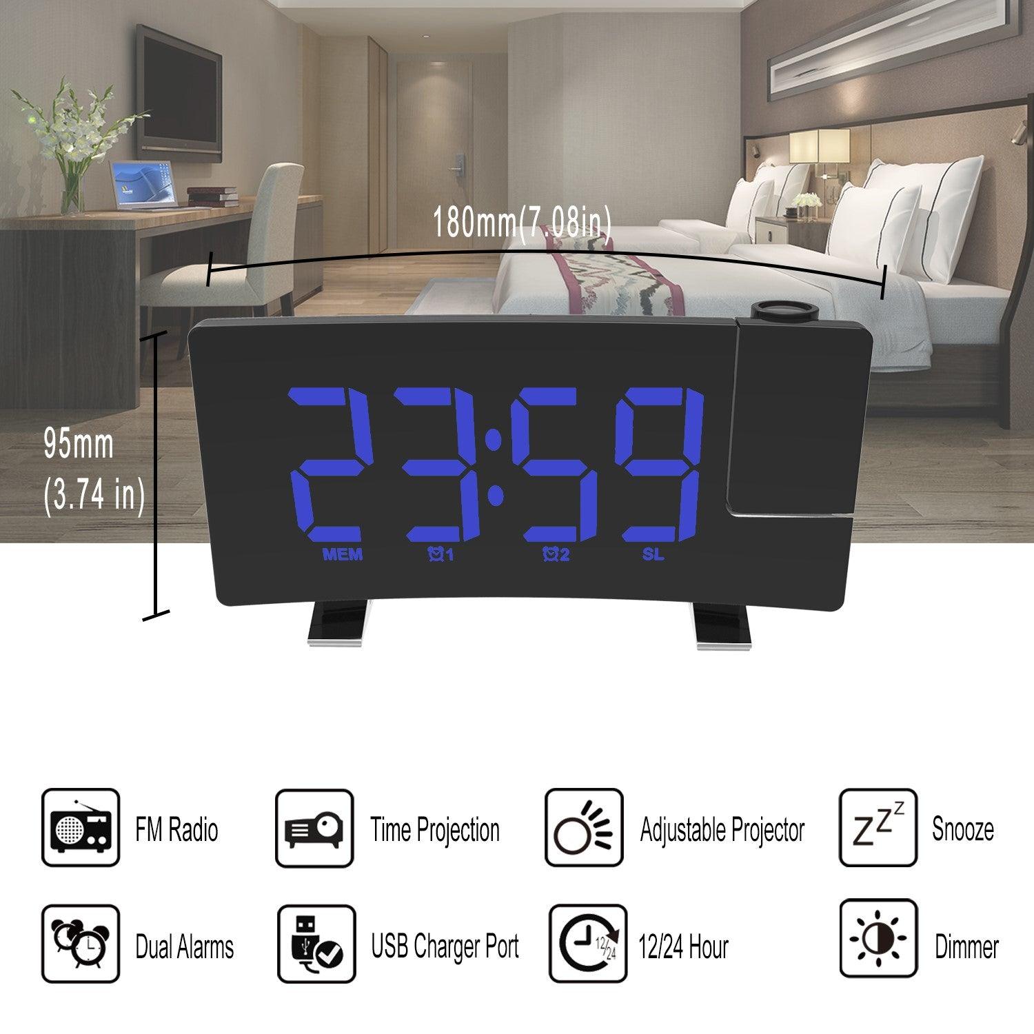 Ceas Digital cu Radio si Proiectie Pana la 5M Inaltime Albastru, Rotire la 180°, Alarma, Port Incarcare USB, Temperatura, Ecran LED, 2 Niveluri de Luminozitate, Negru - Ceasuri Moderne