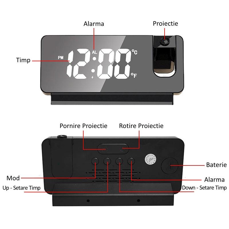 Ceas Digital cu Led RGB si Proiectie Pana la 5M Inaltime, Rotire la 180°, Alarma, Temperatura, Ecran LED, 2 Niveluri de Luminozitate - Ceasuri Moderne