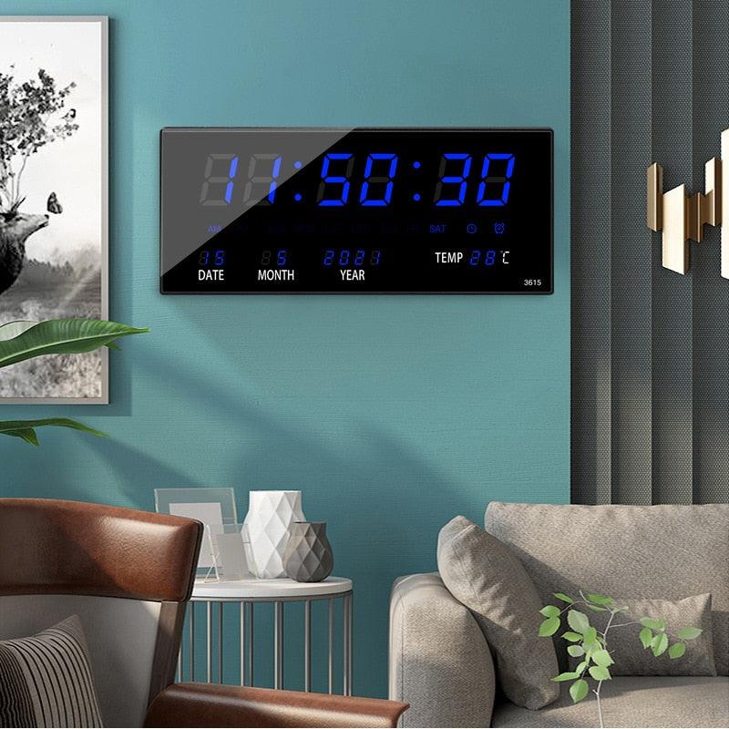 Ceas Digital de Perete cu Led Albastru, Calendar, Temperatura, Alarma, Termometru, 36x15cm - Ceasuri Moderne