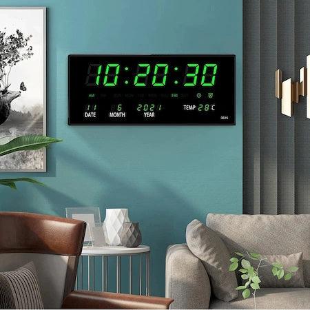 Ceas Digital de Perete cu Led Verde, Calendar, Temperatura, Alarma, Termometru, 36x15cm - Ceasuri Moderne